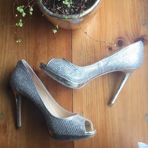 Sparkly silver and gold peep toe heels